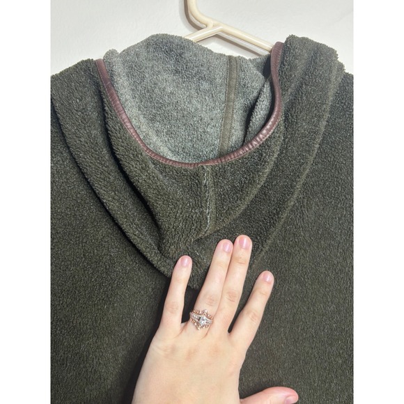 Lauren Ralph Lauren Fleece Hooded Vest Olive Green Full Zip Faux Leather Trim M - Picture 9 of 10
